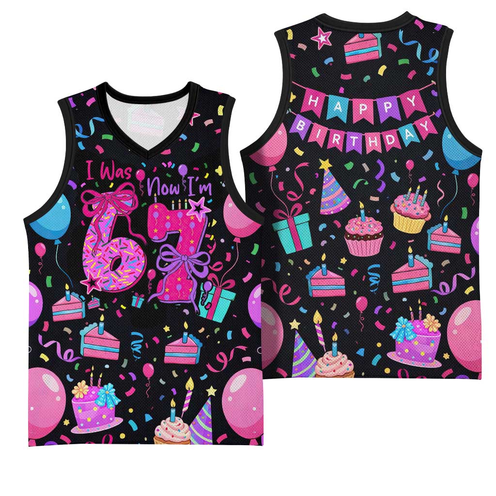 7th Birthday Girl Basketball Jersey with Cake Balloons Confetti and I Was 6 Now I'm 7