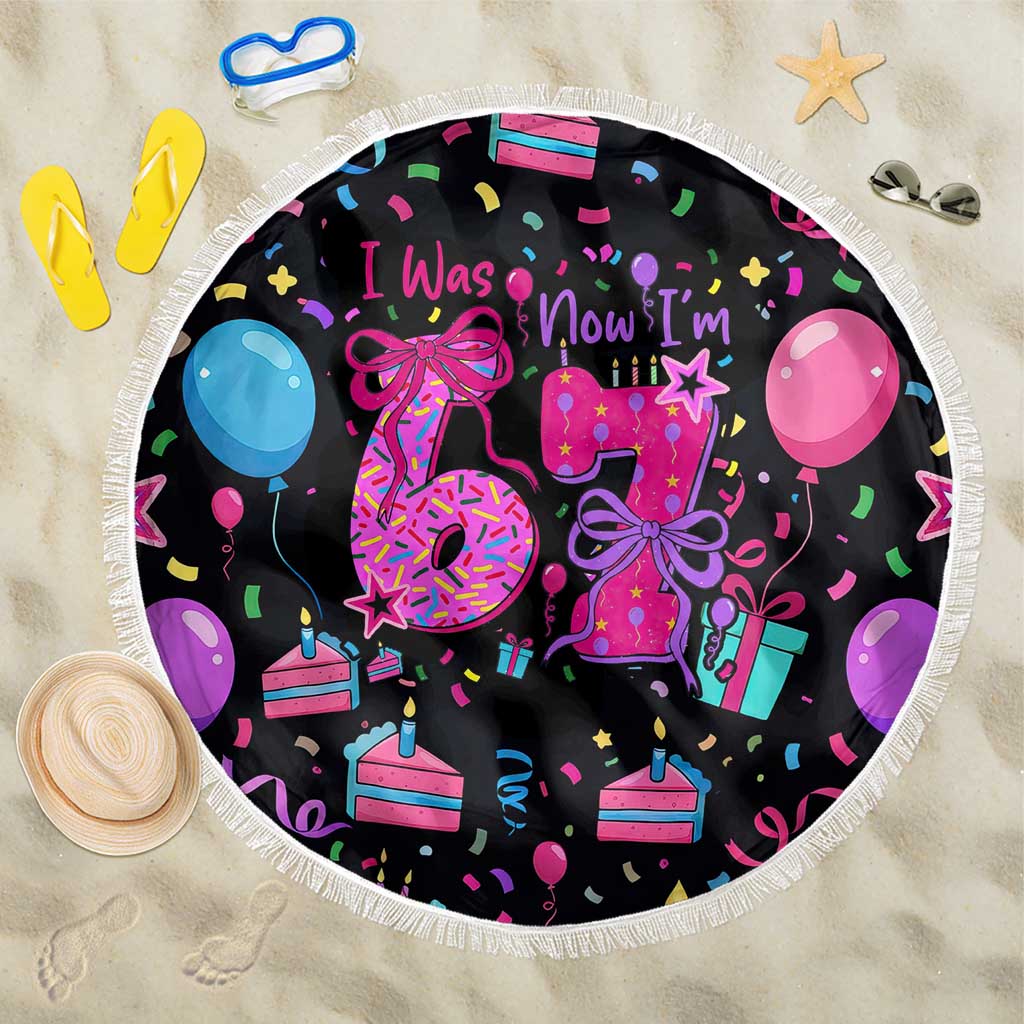 7th Birthday Girl Beach Blanket with Cake Balloons Confetti and I Was 6 Now I'm 7
