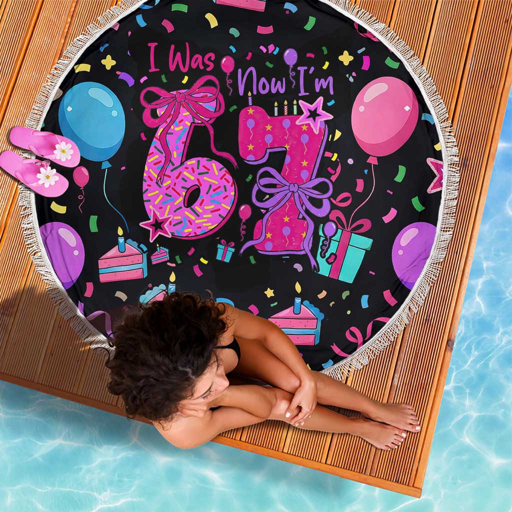 7th Birthday Girl Beach Blanket with Cake Balloons Confetti and I Was 6 Now I'm 7