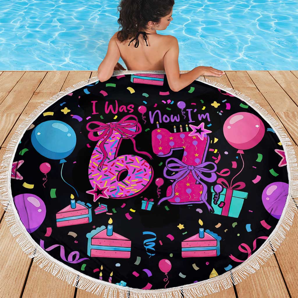 7th Birthday Girl Beach Blanket with Cake Balloons Confetti and I Was 6 Now I'm 7