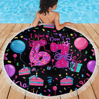7th Birthday Girl Beach Blanket with Cake Balloons Confetti and I Was 6 Now I'm 7