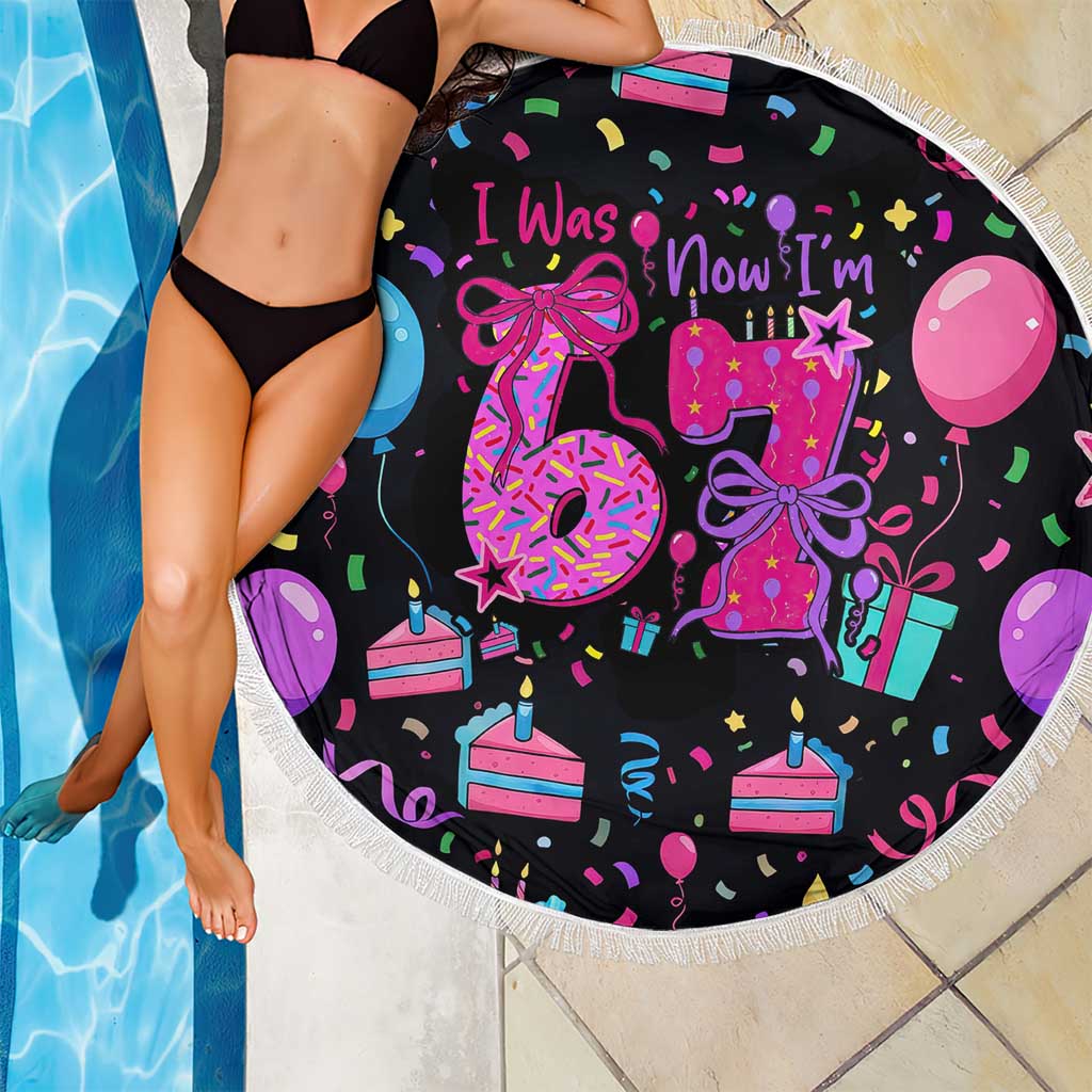 7th Birthday Girl Beach Blanket with Cake Balloons Confetti and I Was 6 Now I'm 7