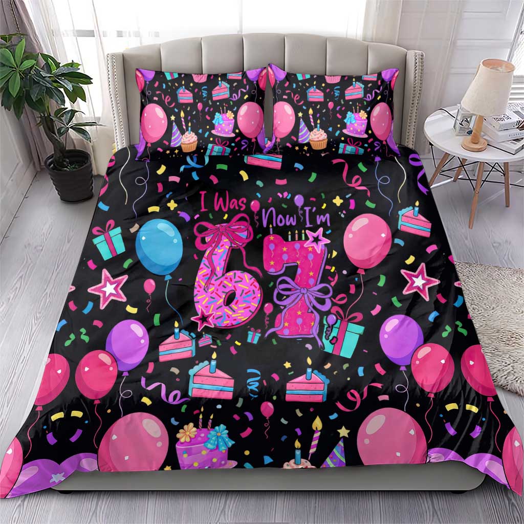 7th Birthday Girl Bedding Set with Cake Balloons Confetti and I Was 6 Now I'm 7