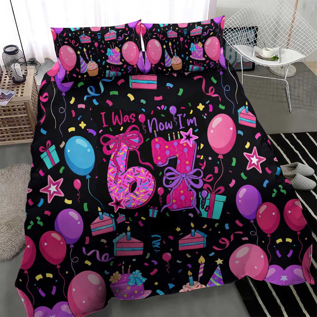 7th Birthday Girl Bedding Set with Cake Balloons Confetti and I Was 6 Now I'm 7