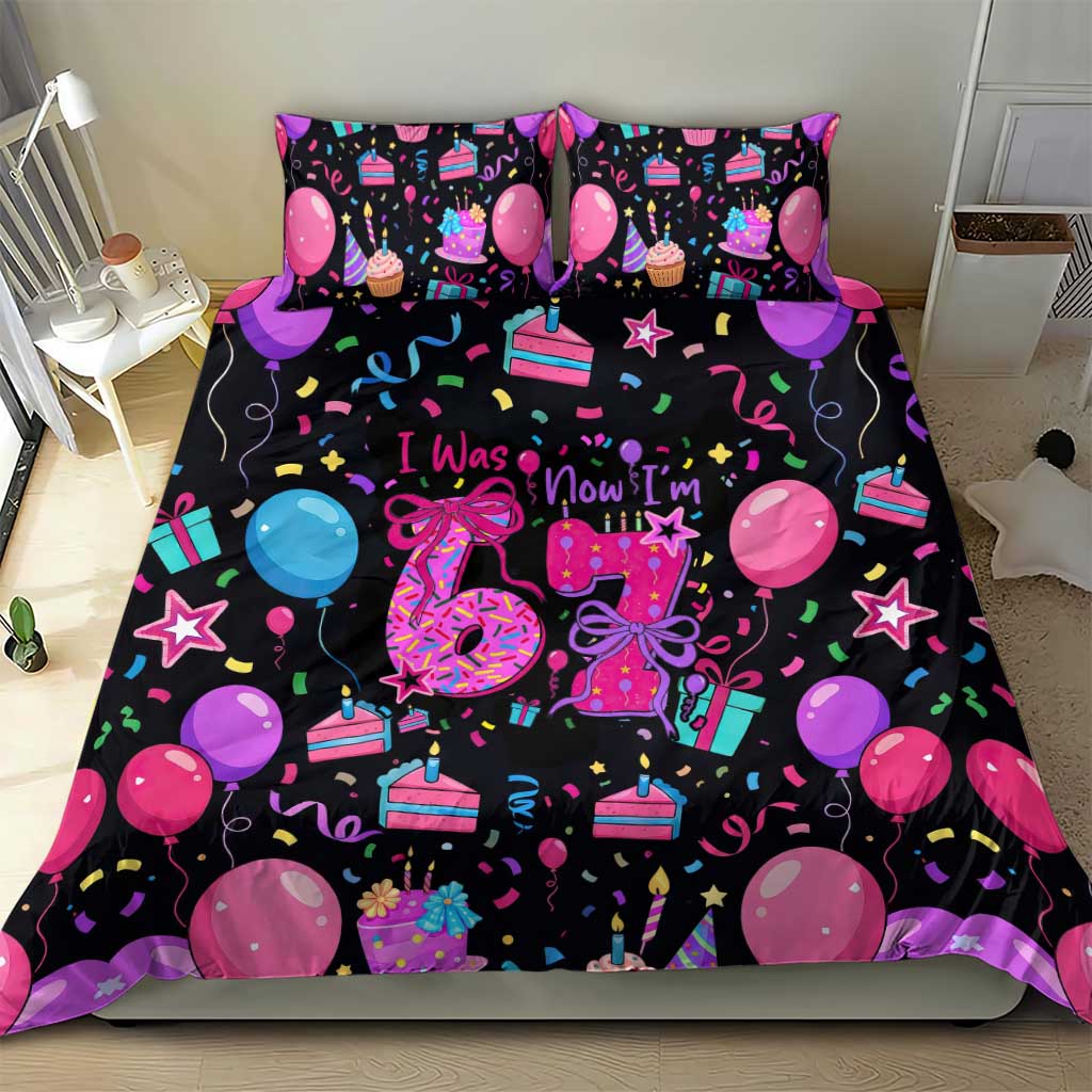 7th Birthday Girl Bedding Set with Cake Balloons Confetti and I Was 6 Now I'm 7