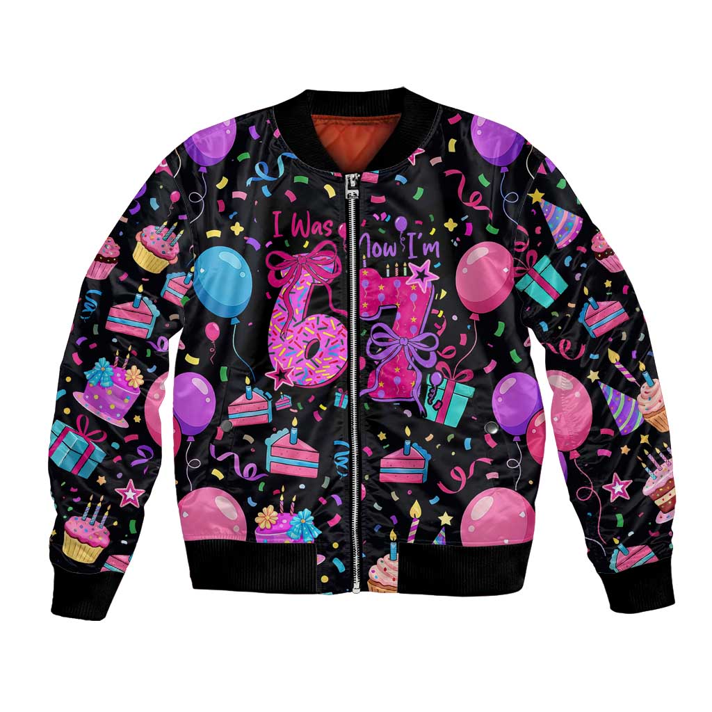 7th Birthday Girl Bomber Jacket with Cake Balloons Confetti and I Was 6 Now I'm 7