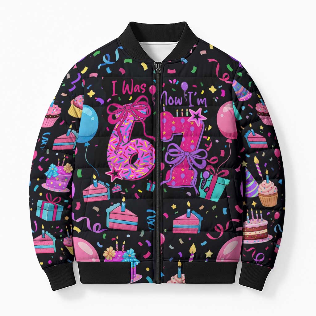 7th Birthday Girl Bomber Puffer Jacket with Cake Balloons Confetti and I Was 6 Now I'm 7