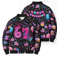7th Birthday Girl Bomber Puffer Jacket with Cake Balloons Confetti and I Was 6 Now I'm 7