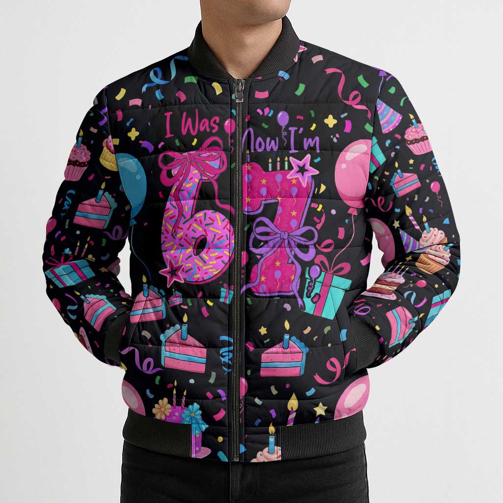 7th Birthday Girl Bomber Puffer Jacket with Cake Balloons Confetti and I Was 6 Now I'm 7