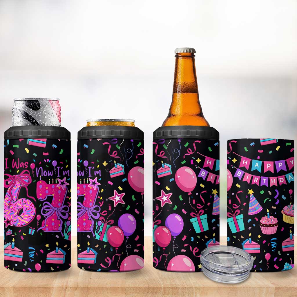 7th Birthday Girl 4 in 1 Can Cooler Tumbler with Cake Balloons Confetti and I Was 6 Now I'm 7