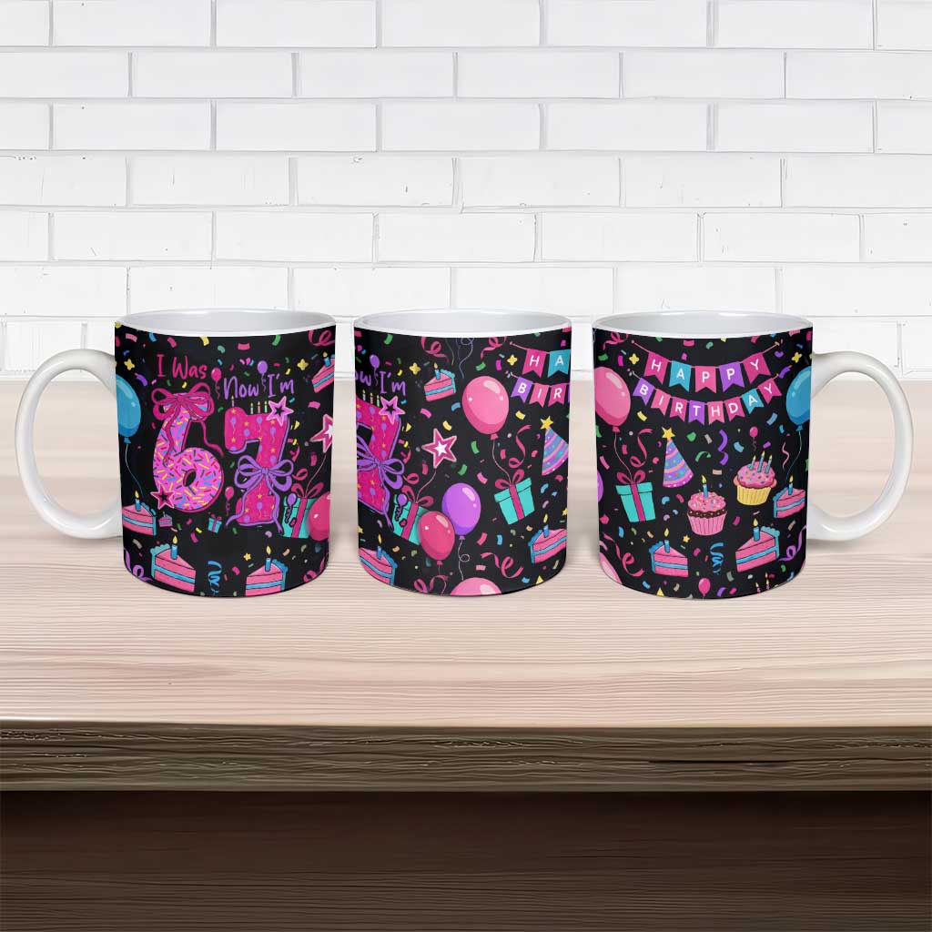 7th Birthday Girl Ceramic Mug with Cake Balloons Confetti and I Was 6 Now I'm 7