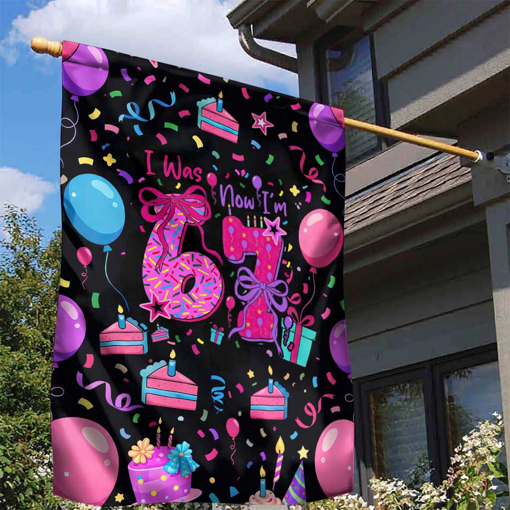 7th Birthday Girl Garden Flag with Cake Balloons Confetti and I Was 6 Now I'm 7
