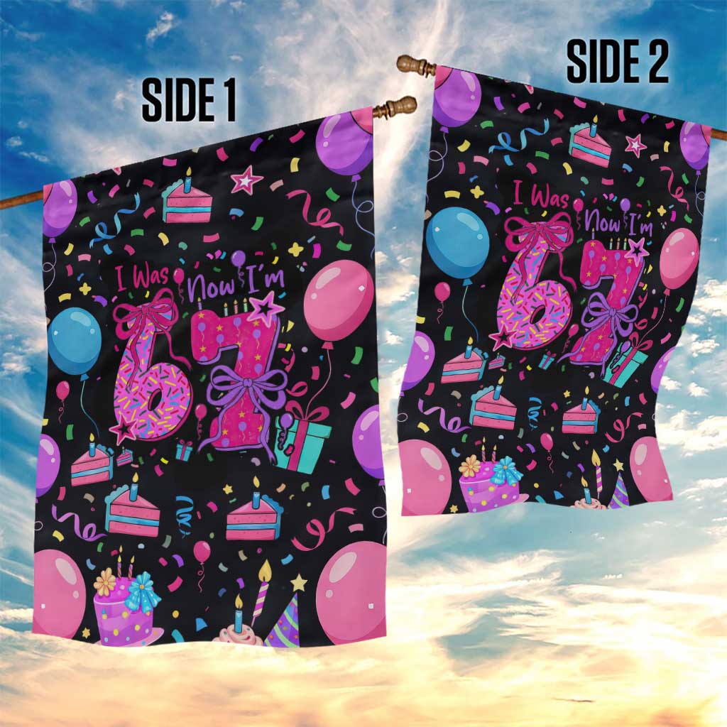 7th Birthday Girl Garden Flag with Cake Balloons Confetti and I Was 6 Now I'm 7