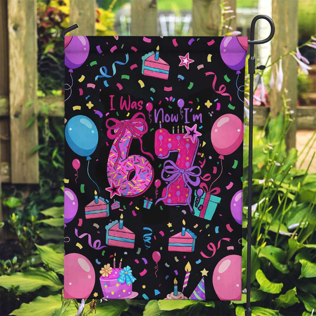 7th Birthday Girl Garden Flag with Cake Balloons Confetti and I Was 6 Now I'm 7