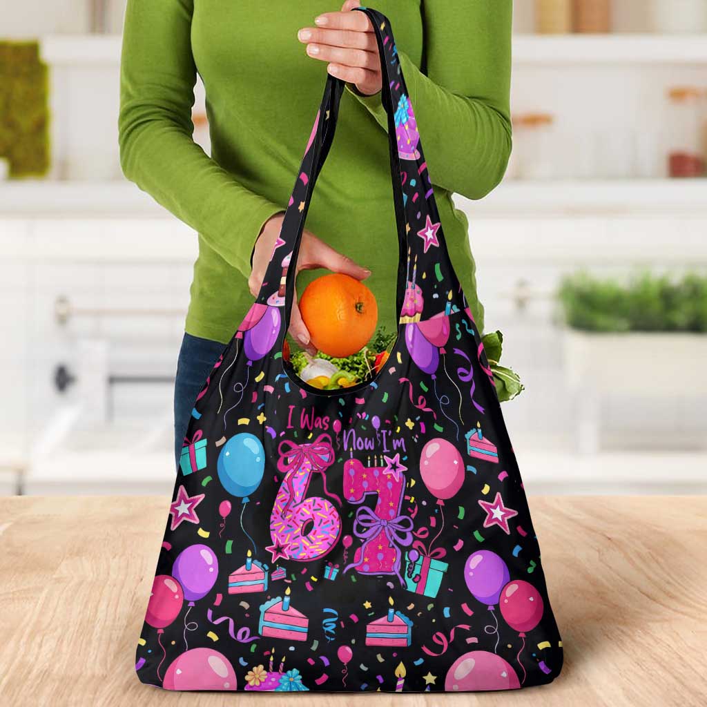 7th Birthday Girl Grocery Bag with Cake Balloons Confetti and I Was 6 Now I'm 7