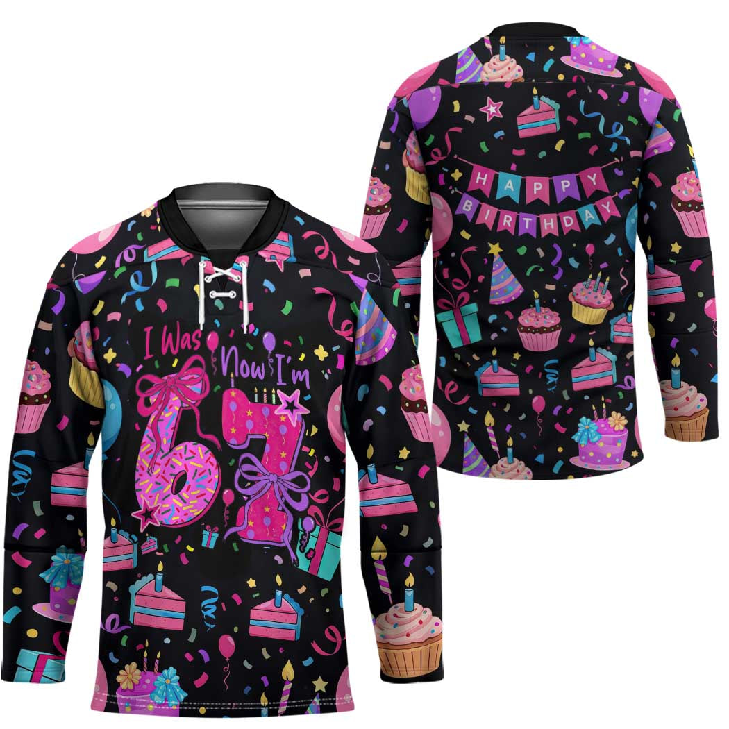 7th Birthday Girl Hockey Jersey with Cake Balloons Confetti and I Was 6 Now I'm 7