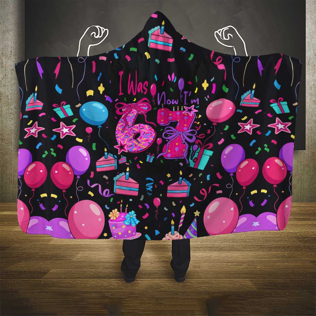 7th Birthday Girl Hooded Blanket with Cake Balloons Confetti and I Was 6 Now I'm 7