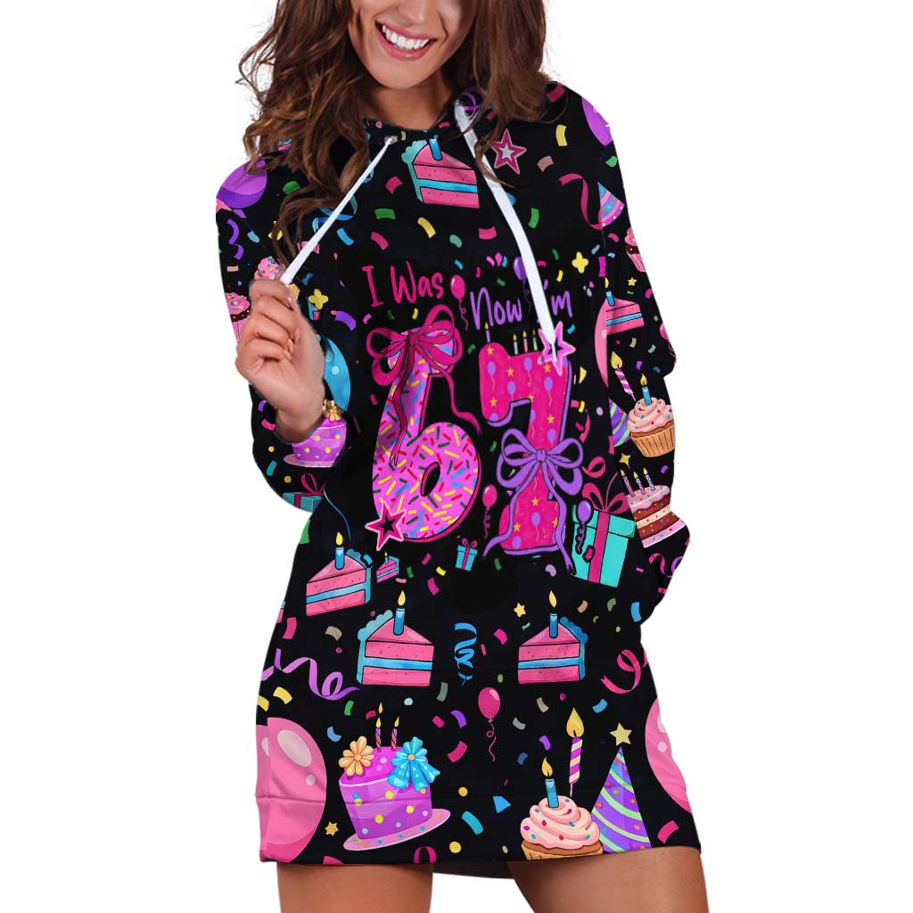 7th Birthday Girl Hoodie Dress with Cake Balloons Confetti and I Was 6 Now I'm 7
