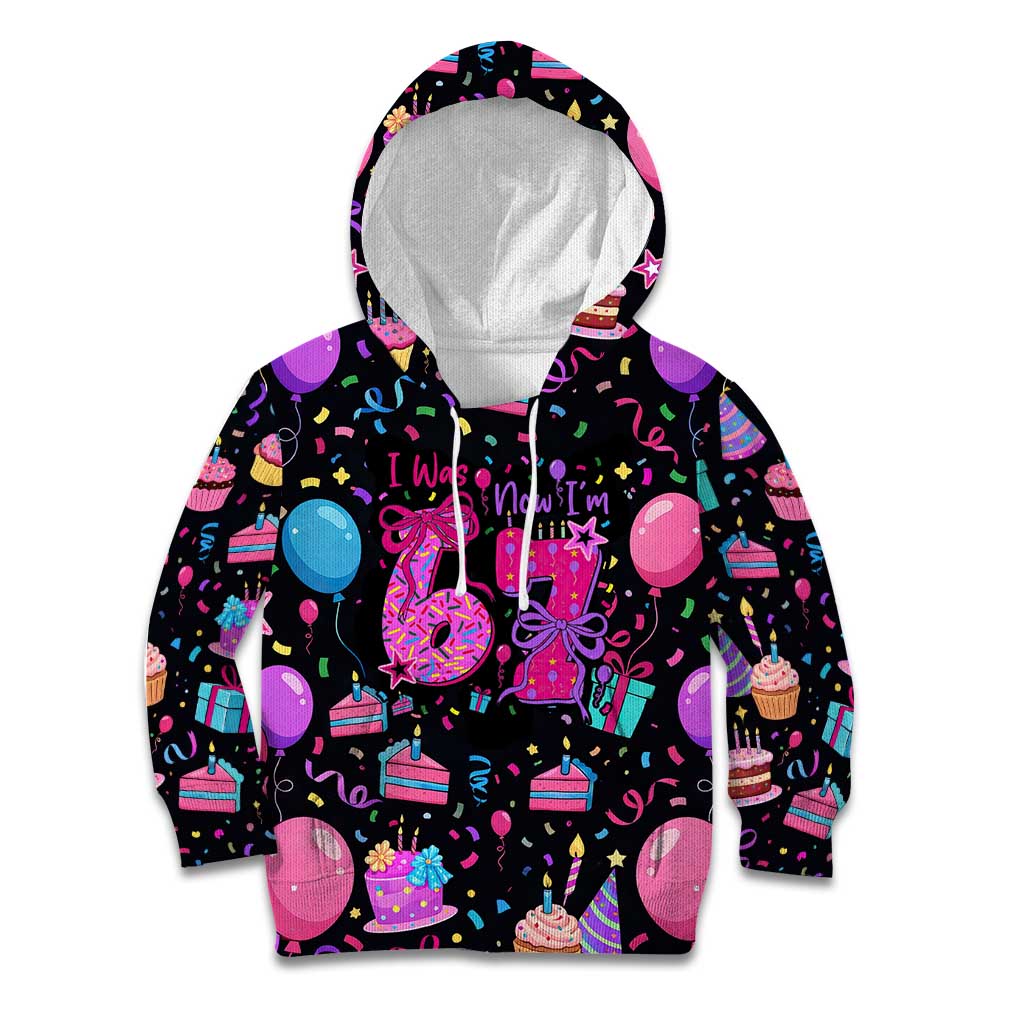7th Birthday Girl Kid Hoodie with Cake Balloons Confetti and I Was 6 Now I'm 7