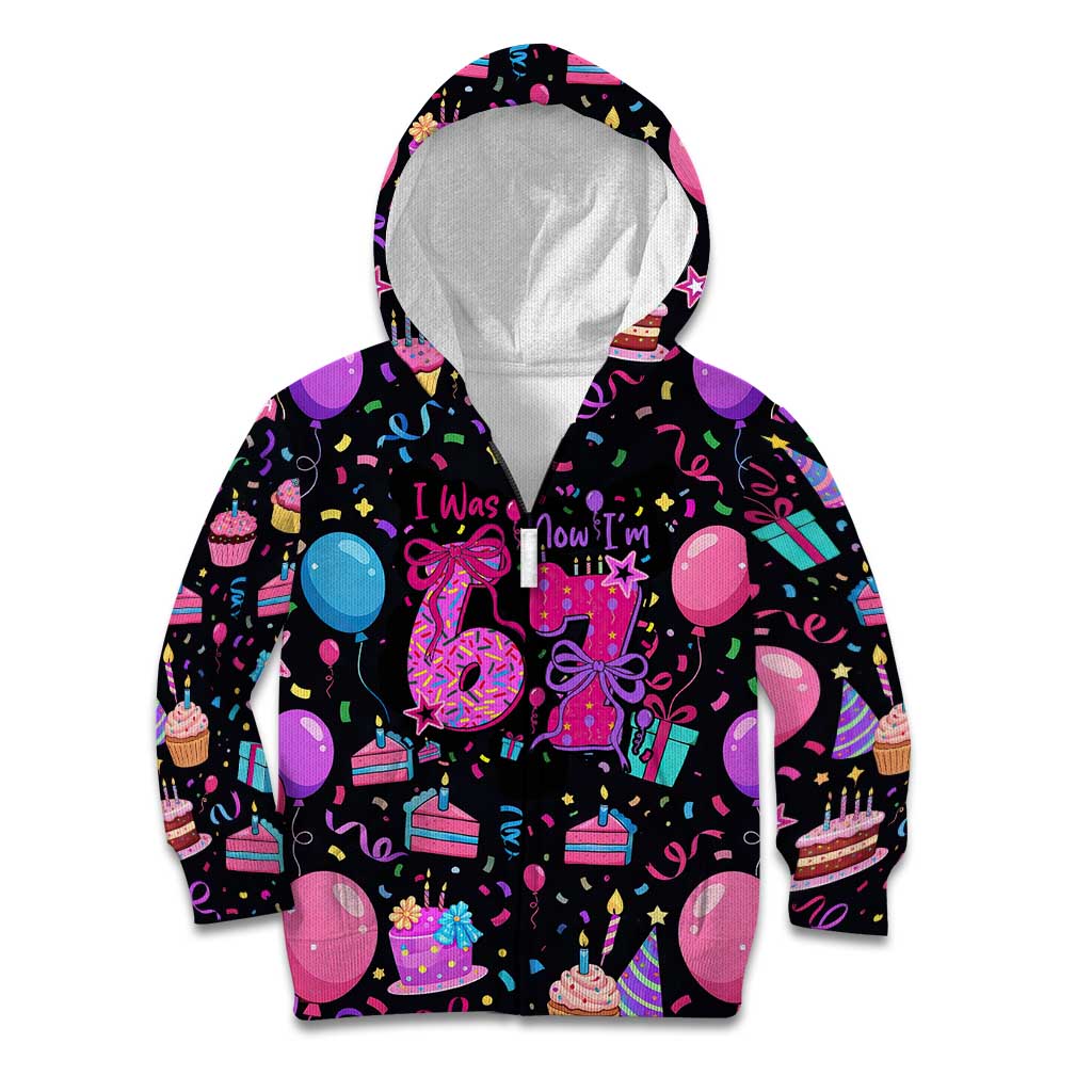 7th Birthday Girl Kid Hoodie with Cake Balloons Confetti and I Was 6 Now I'm 7