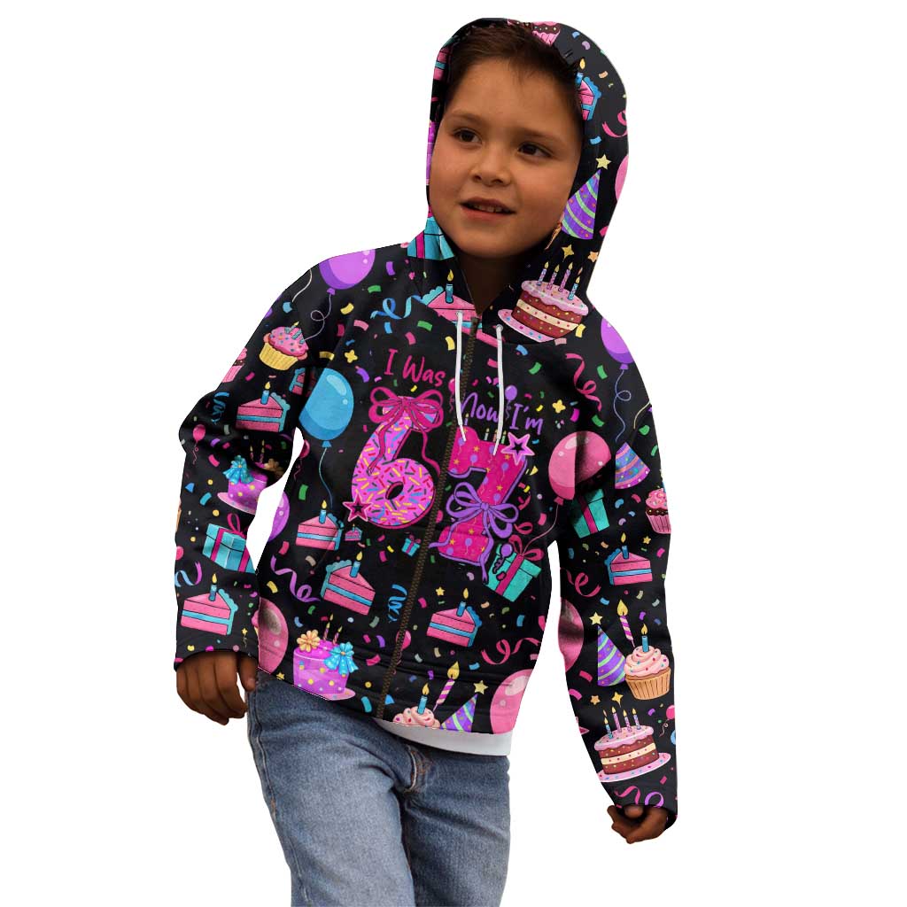 7th Birthday Girl Kid Hoodie with Cake Balloons Confetti and I Was 6 Now I'm 7