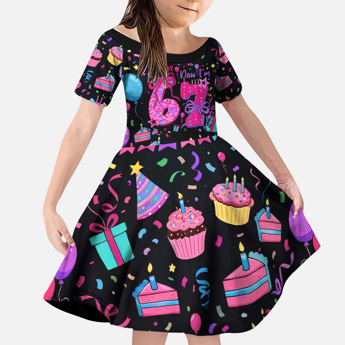 7th Birthday Girl Kid Short Sleeve Dress with Cake Balloons Confetti and I Was 6 Now I'm 7