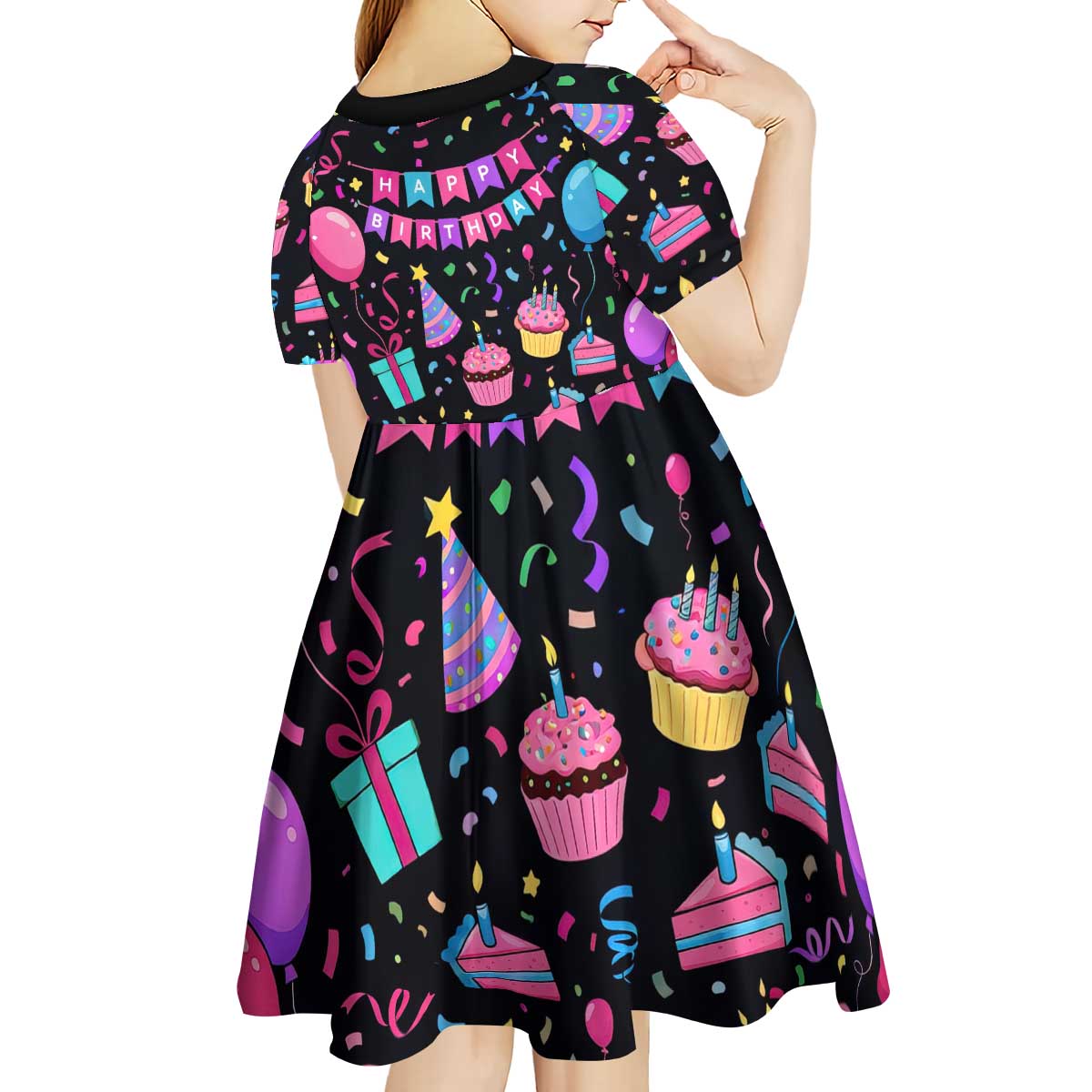 7th Birthday Girl Kid Short Sleeve Dress with Cake Balloons Confetti and I Was 6 Now I'm 7