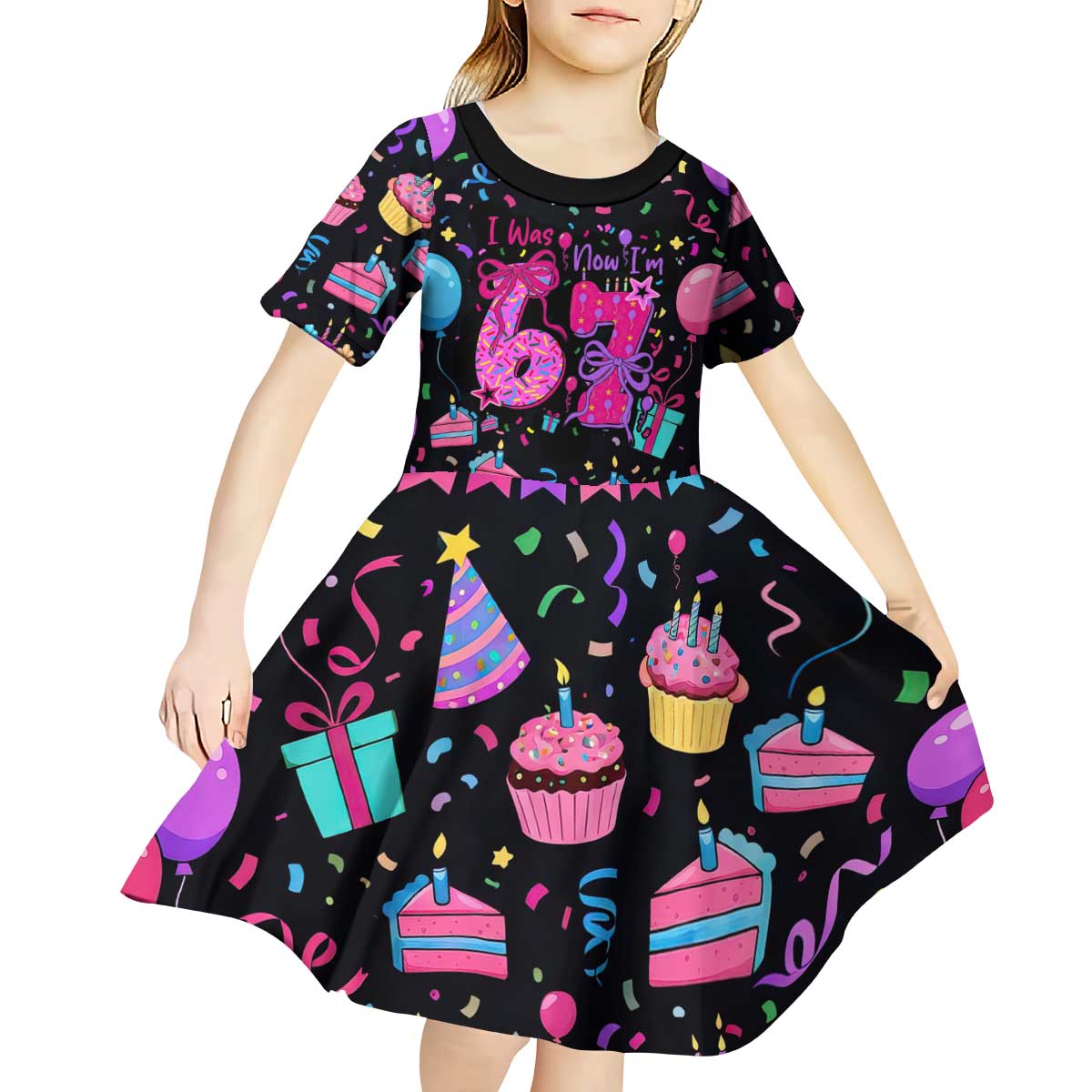 7th Birthday Girl Kid Short Sleeve Dress with Cake Balloons Confetti and I Was 6 Now I'm 7