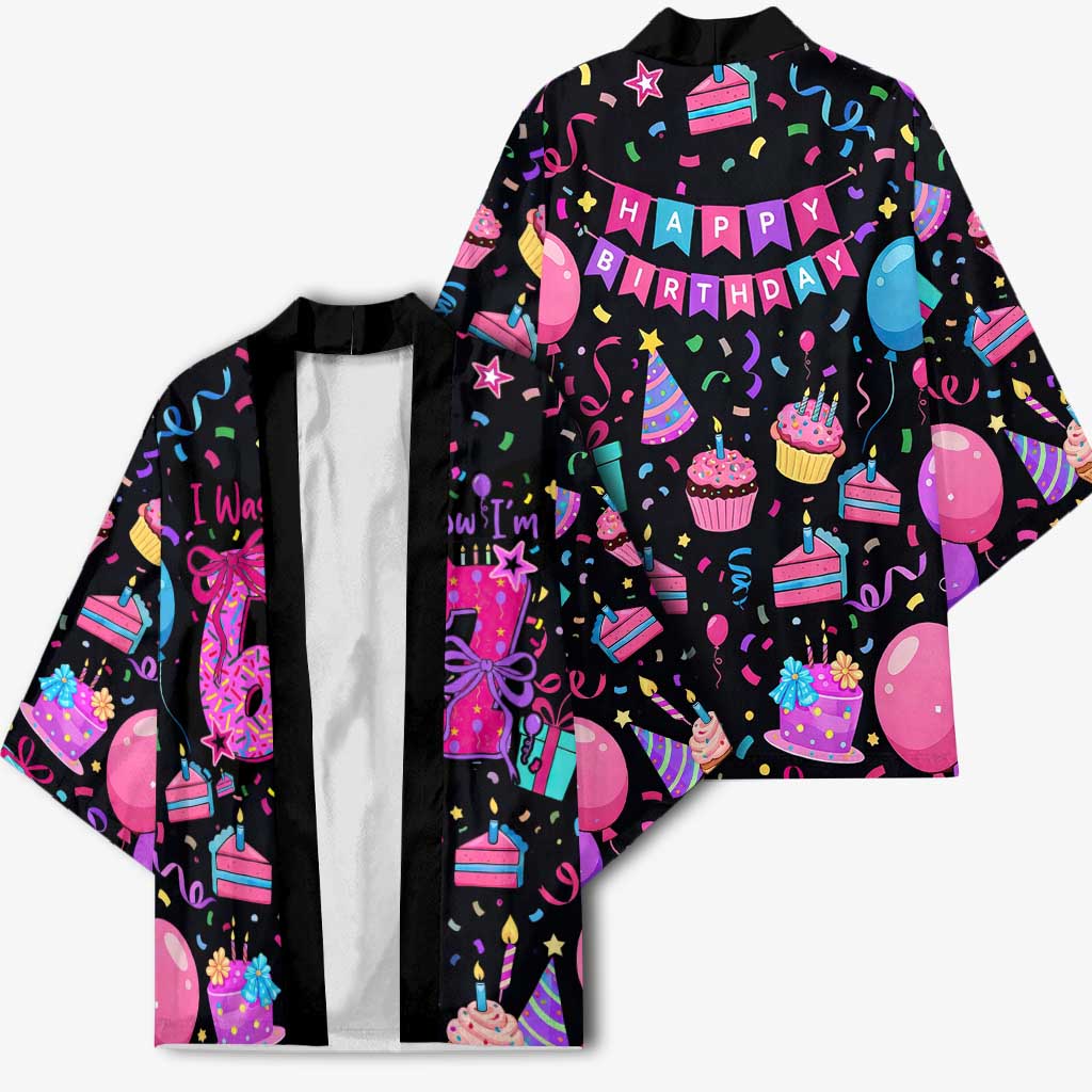 7th Birthday Girl Kimono with Cake Balloons Confetti and I Was 6 Now I'm 7