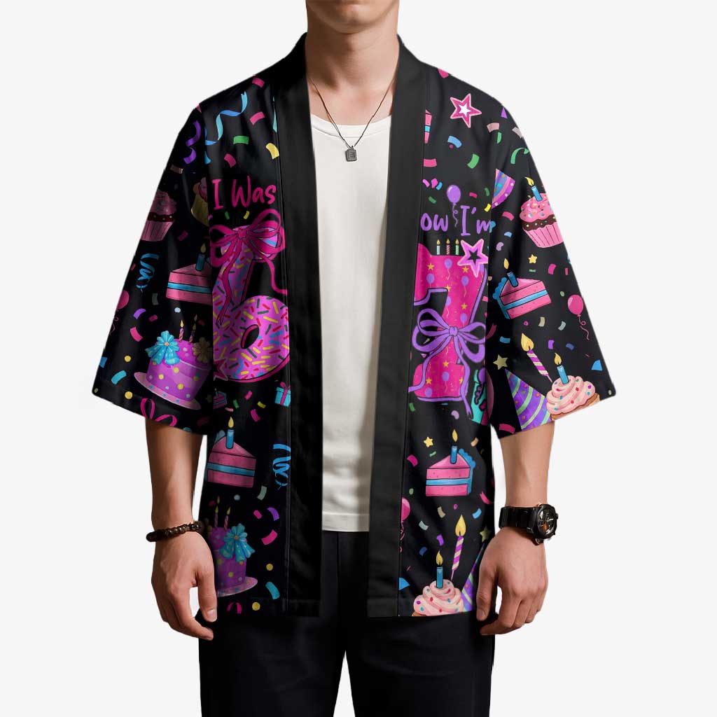7th Birthday Girl Kimono with Cake Balloons Confetti and I Was 6 Now I'm 7