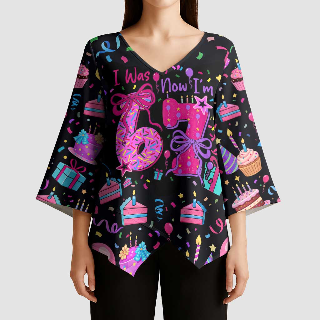 7th Birthday Girl Kimono Sleeve Blouse with Cake Balloons Confetti and I Was 6 Now I'm 7