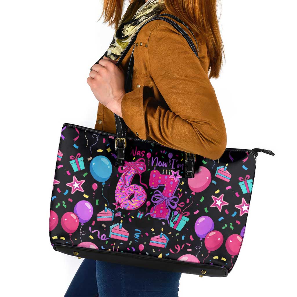 7th Birthday Girl Leather Tote Bag with Cake Balloons Confetti and I Was 6 Now I'm 7