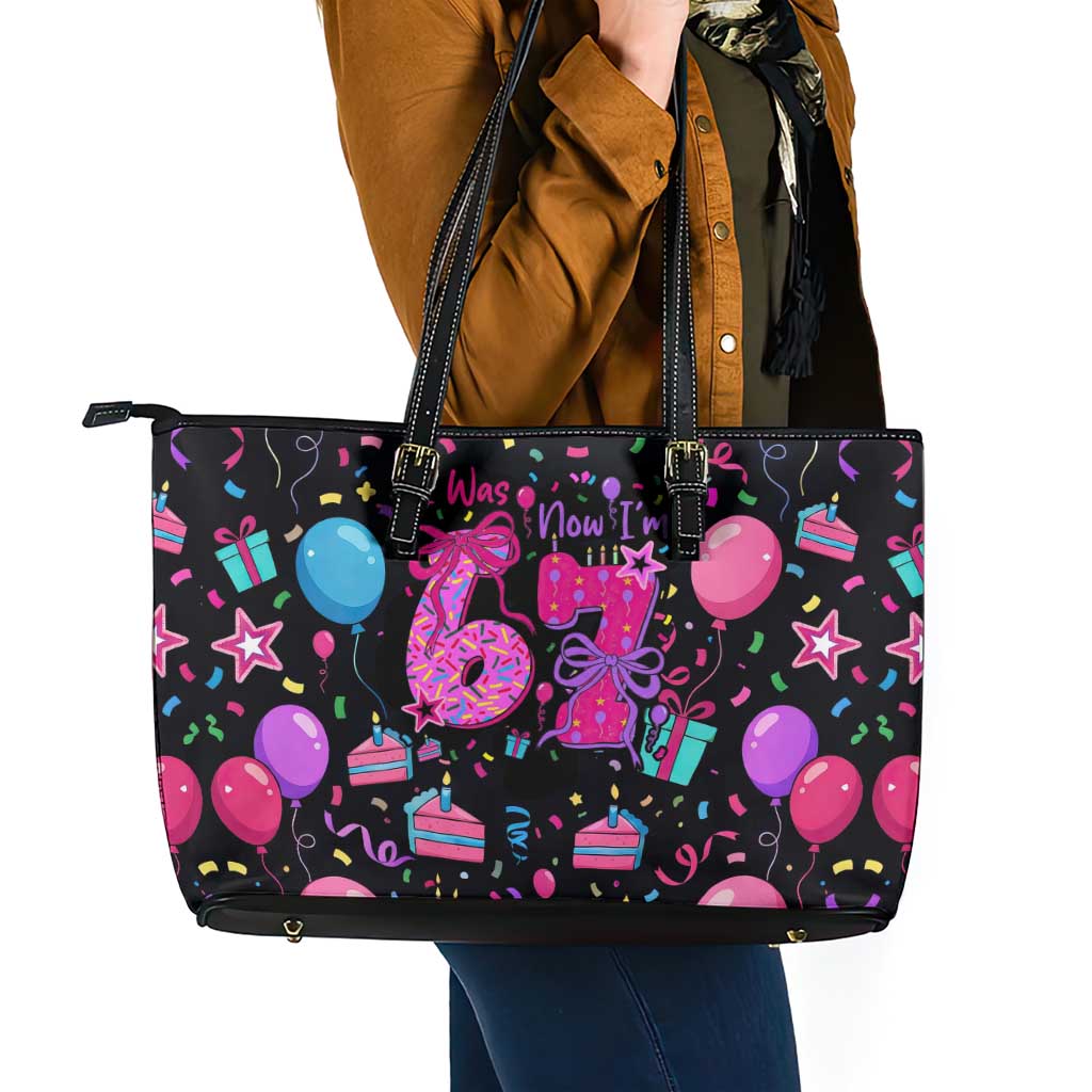 7th Birthday Girl Leather Tote Bag with Cake Balloons Confetti and I Was 6 Now I'm 7