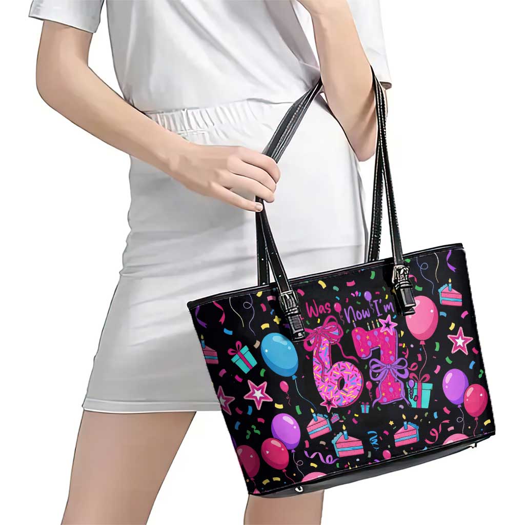 7th Birthday Girl Leather Tote Bag with Cake Balloons Confetti and I Was 6 Now I'm 7
