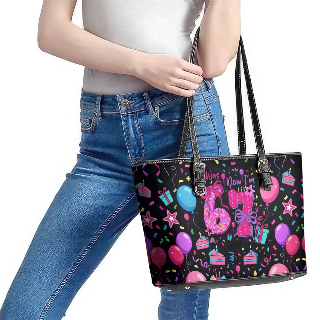 7th Birthday Girl Leather Tote Bag with Cake Balloons Confetti and I Was 6 Now I'm 7