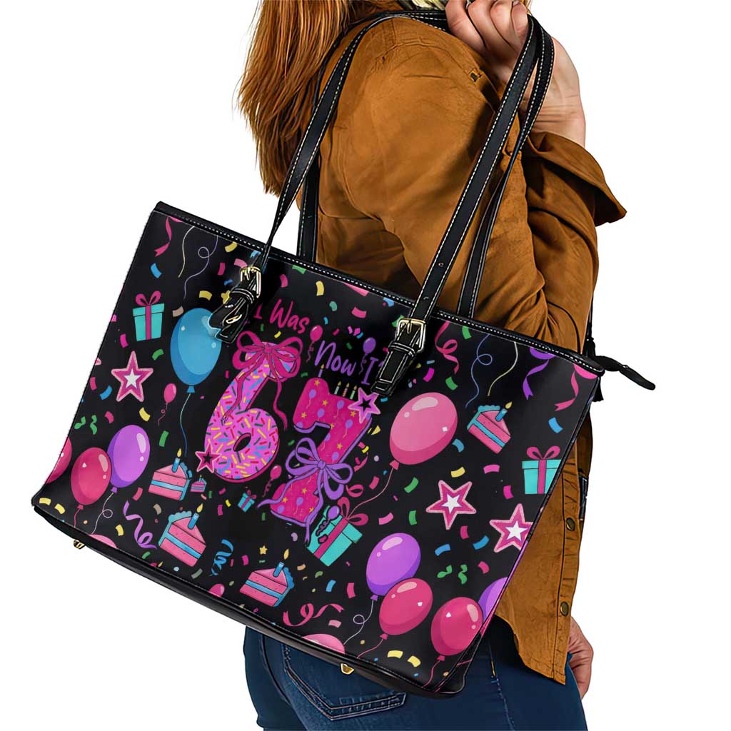 7th Birthday Girl Leather Tote Bag with Cake Balloons Confetti and I Was 6 Now I'm 7