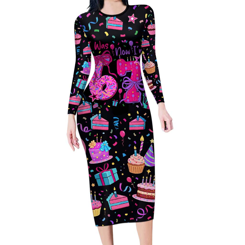 7th Birthday Girl Long Sleeve Bodycon Dress with Cake Balloons Confetti and I Was 6 Now I'm 7