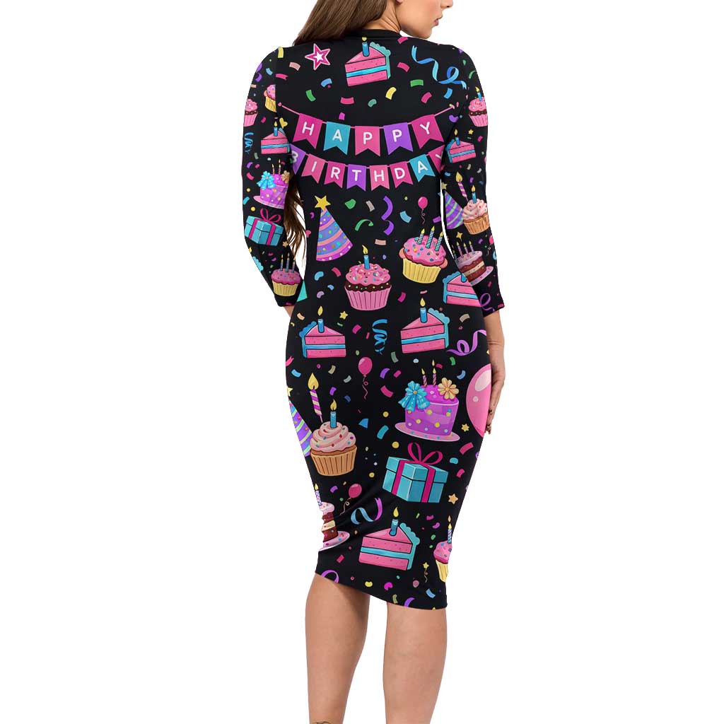 7th Birthday Girl Long Sleeve Bodycon Dress with Cake Balloons Confetti and I Was 6 Now I'm 7