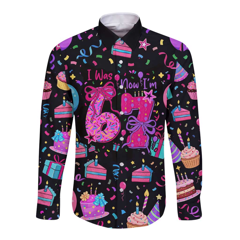 7th Birthday Girl Long Sleeve Button Shirt with Cake Balloons Confetti and I Was 6 Now I'm 7