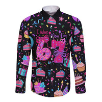 7th Birthday Girl Long Sleeve Button Shirt with Cake Balloons Confetti and I Was 6 Now I'm 7