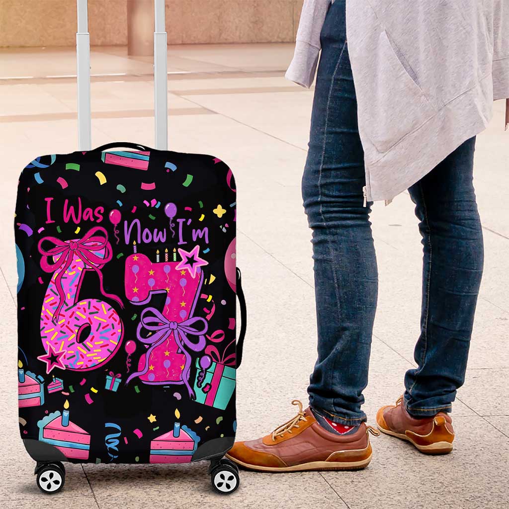 7th Birthday Girl Luggage Cover with Cake Balloons Confetti and I Was 6 Now I'm 7