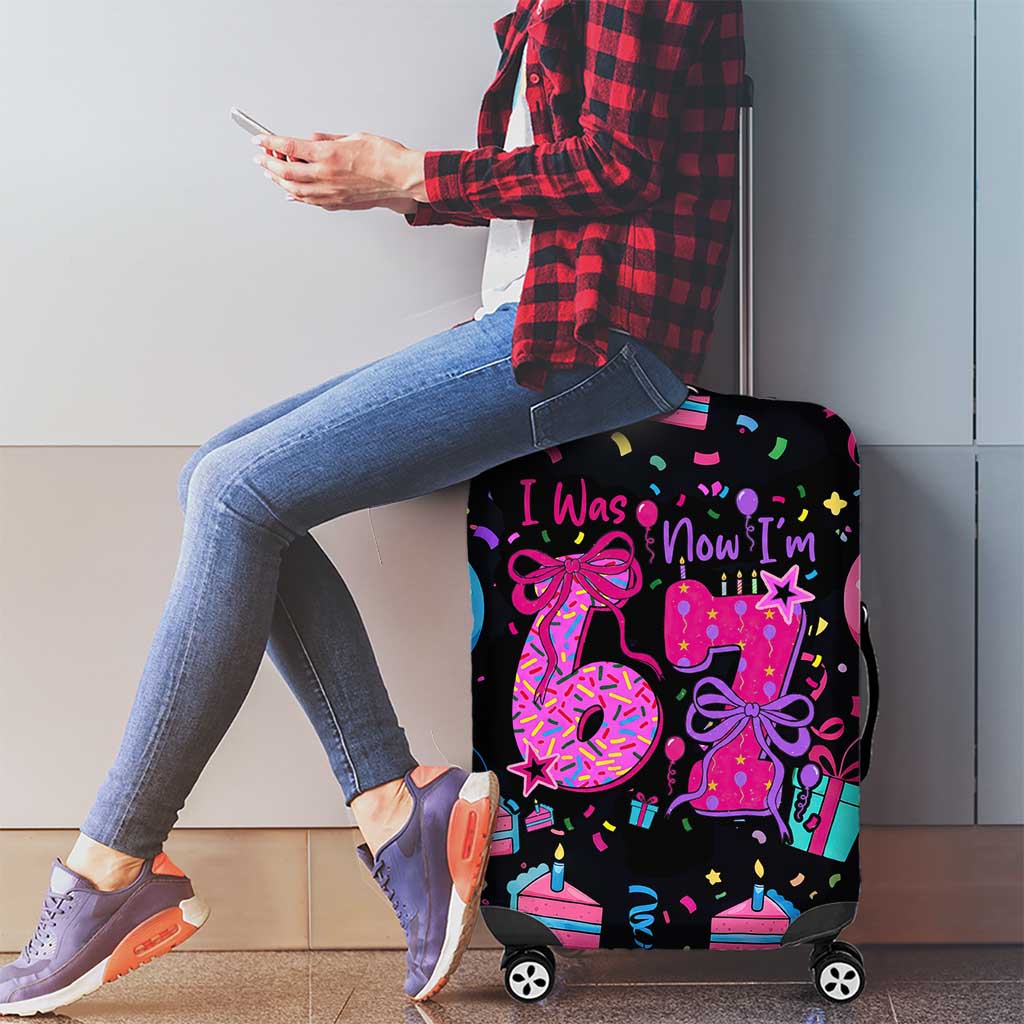 7th Birthday Girl Luggage Cover with Cake Balloons Confetti and I Was 6 Now I'm 7