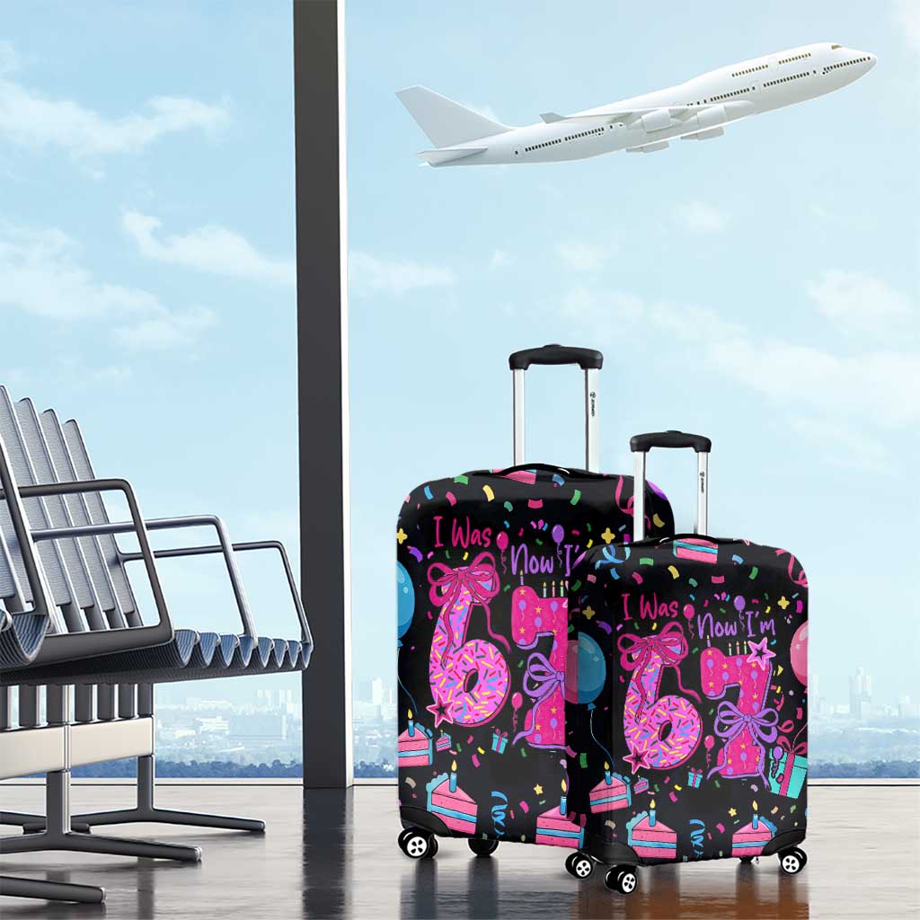 7th Birthday Girl Luggage Cover with Cake Balloons Confetti and I Was 6 Now I'm 7