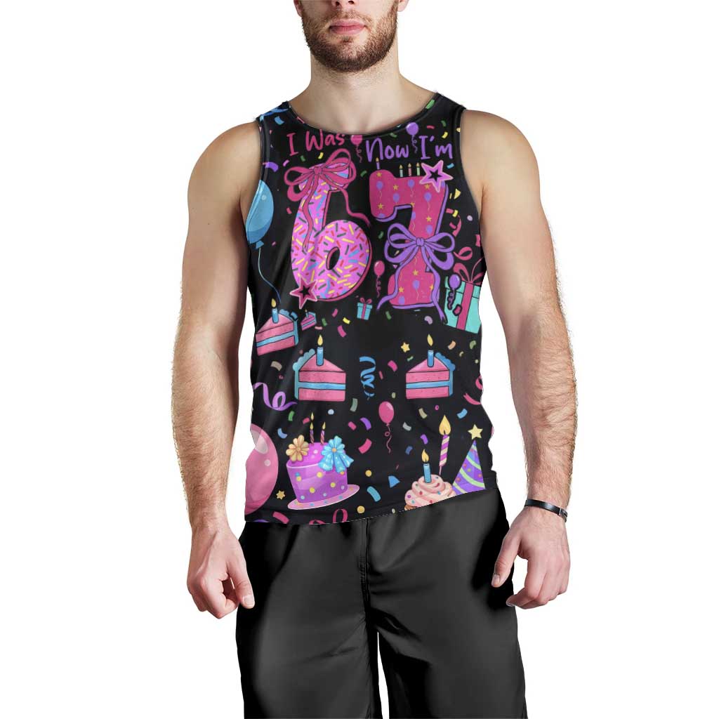 7th Birthday Girl Men Tank Top with Cake Balloons Confetti and I Was 6 Now I'm 7