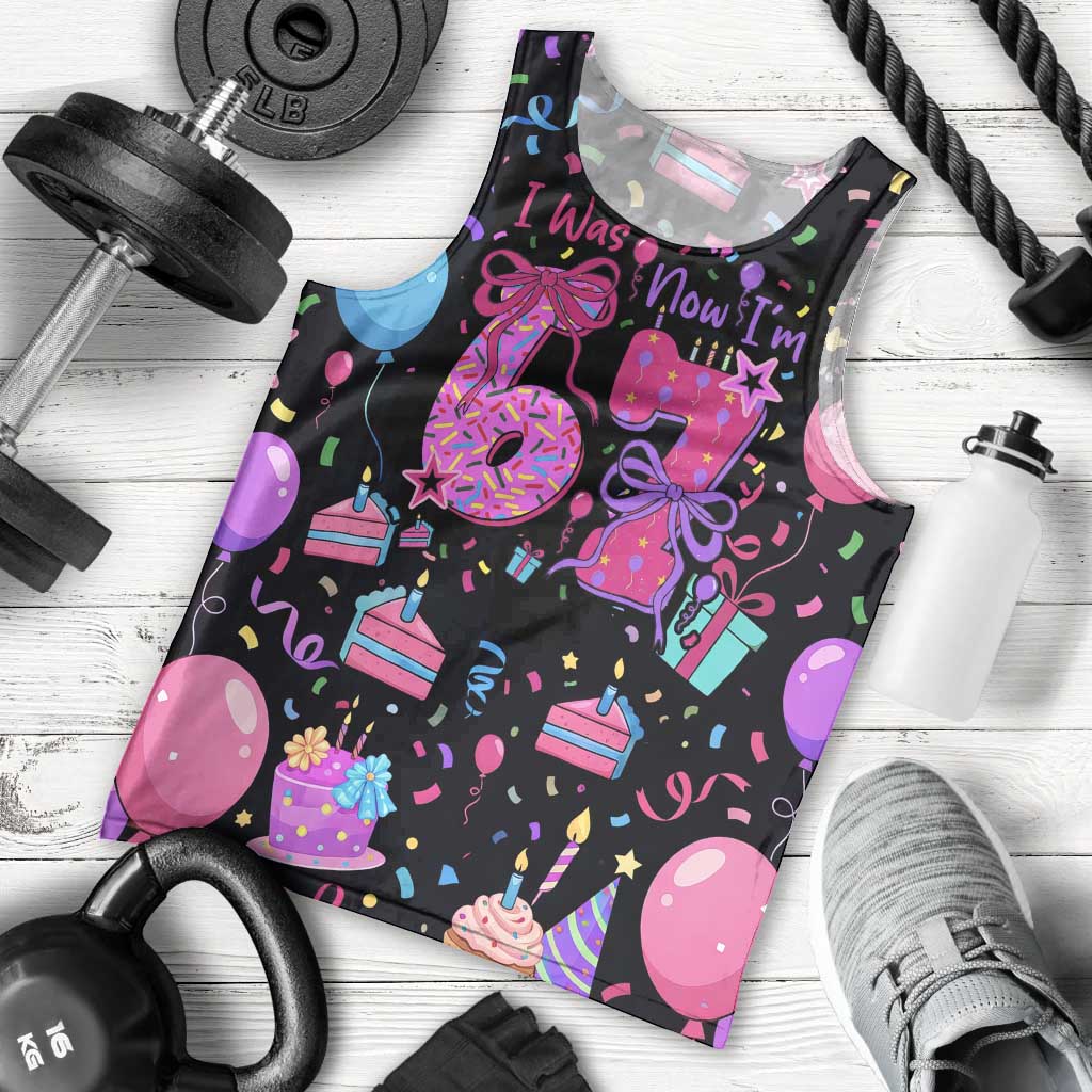 7th Birthday Girl Men Tank Top with Cake Balloons Confetti and I Was 6 Now I'm 7