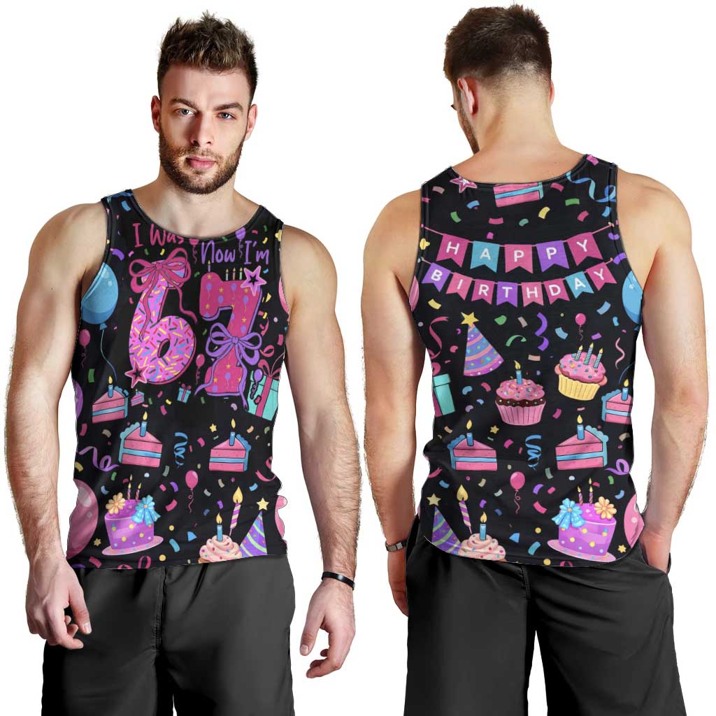 7th Birthday Girl Men Tank Top with Cake Balloons Confetti and I Was 6 Now I'm 7