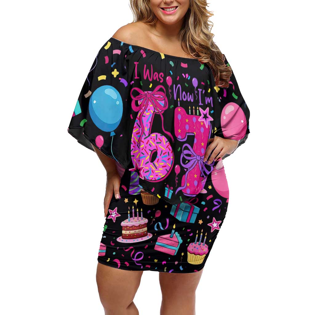 7th Birthday Girl Off Shoulder Short Dress with Cake Balloons Confetti and I Was 6 Now I'm 7