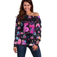 7th Birthday Girl Off Shoulder Sweater with Cake Balloons Confetti and I Was 6 Now I'm 7
