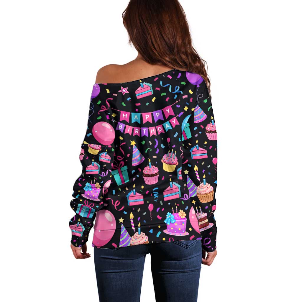 7th Birthday Girl Off Shoulder Sweater with Cake Balloons Confetti and I Was 6 Now I'm 7
