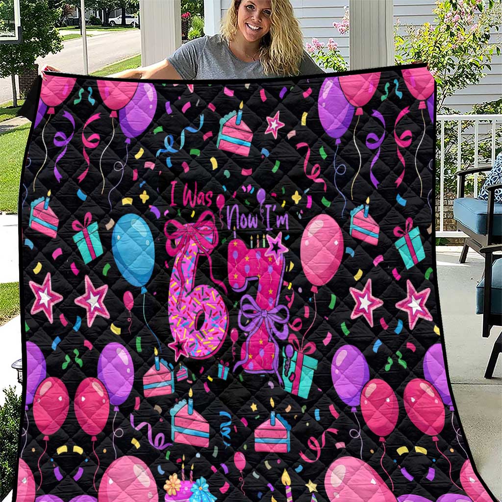 7th Birthday Girl Quilt with Cake Balloons Confetti and I Was 6 Now I'm 7